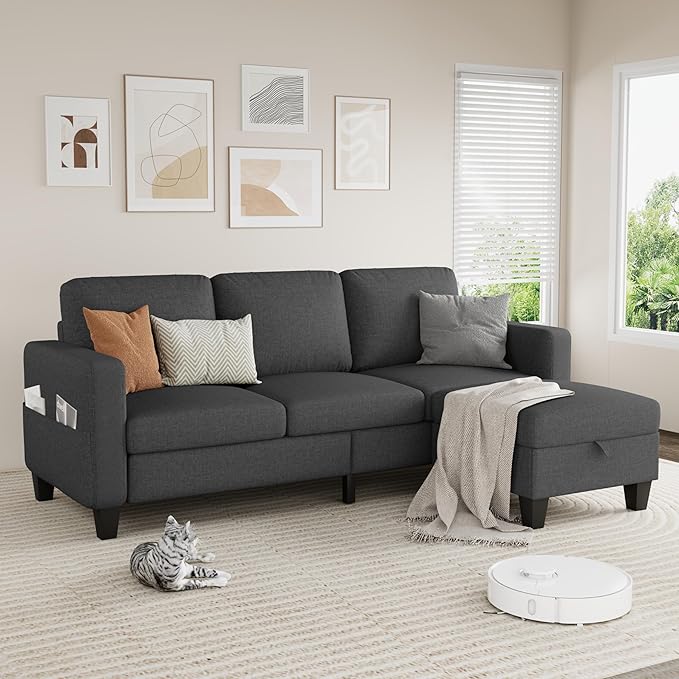 Sectional Sofa Couches for Living Room - 78'' Dark Gray 3 Seat L-Shaped Couch with Storage Ottoman, Modern Linen Convertible Sectionals Sofas with Chaise for Apartment, Office, Small Space