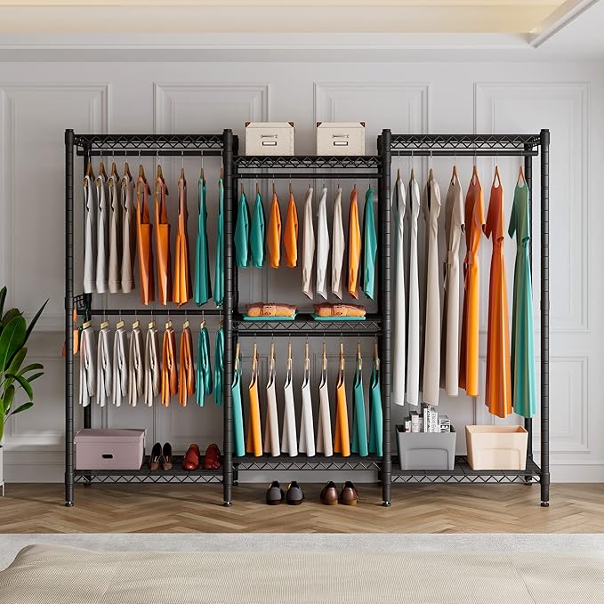 PUNION GR7 Plus Large Portable Closet Wardrobe Heavy Duty Clothes Rack, Freestanding Wardrobe Closet with 5 Hang Rods & 7 Shelves, 2 Hooks, Adjustable Clothing Rack, 86"L x 18”W x 77”H, 1500LBS, Black