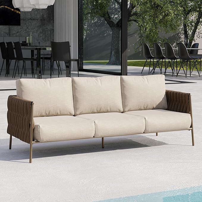 East Oak Life Chatter Outdoor Patio Furniture | Outdoor Sofa 3 Seats with Waterproof Thick Cushions | Deep Seating Modern Patio Sofa for Garden, Porch, Balcony & Backyard | Chestnut & Apricot