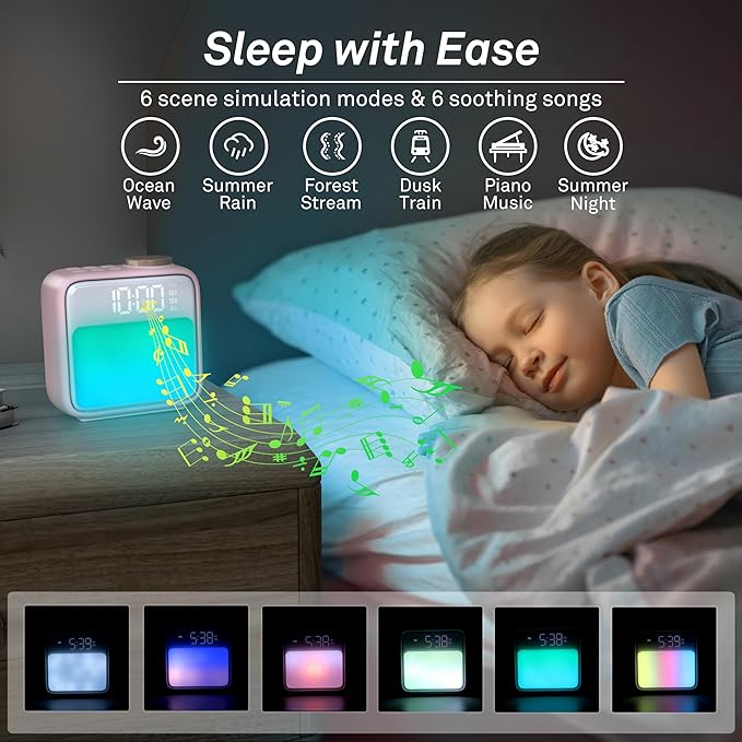 AIRIVO Alarm Clock Night Lights, Rechargeable Alarm Clock for Bedrooms, 6 Scenes & White Noise Sync, Dual Alarms & Snooze, for Heavy Sleepers, Gifts for Kids Teens (Pink)