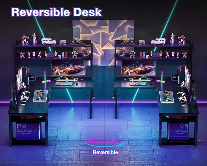 ODK 59 Inch L Shaped Gaming Desk with Hutch, Computer Desk with Storage Shelves, L Shaped Desk for Home Office, Corner Desk with Headphone Hook, Black