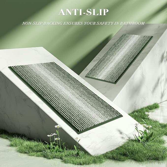 Bathroom Rugs and Mats Sets, 2 Piece Thick Absorbent Chenille Bath Mat Rug Set Non Slip, Soft Shaggy Bath Room Floor Mats for Bathroom, Machine Washable (Hunter Green, 20" x 47" Plus 20" x 32")