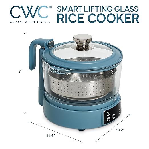 COOK WITH COLOR 3L Glass Low Carb Rice Cooker - Makes 6 Cups Cooked Low Sugar Rice with Auto Lift Filter Basket, Hotpot & Steamer for Rice, Grains and Oats, Digital Panel with Keep Warm, Slate Blue