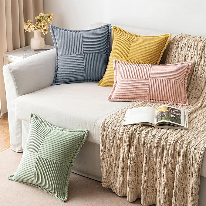 MIULEE Decorative Throw Pillow Covers for Couch Bed Livingroom 18x18 Inch Set of 2 Dustyblue Boho Accent Throw Pllows Broadside Striped Patchwork Soft Corduroy Pillowcases