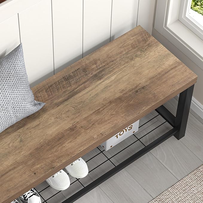FOLUBAN Entryway Bench, Industrial Wood and Metal Storage Bench with Metal Shelf, Indoor Shoe Rack Bench Seat for Living Room, Bedroom, Hallway, Entrance, Rustic Oak, 47 Inch