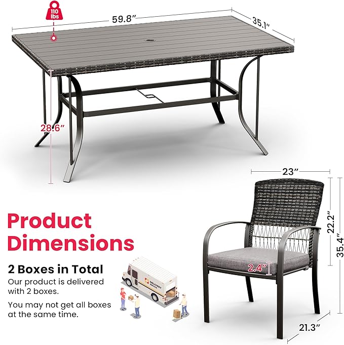 Pamapic 7-Piece Outdoor Dining Set, Grey Wicker Patio Furniture with Removable Cushions & Iron Slat Table, All-Weather Garden/Deck/Backyard Furniture Set (Grey)