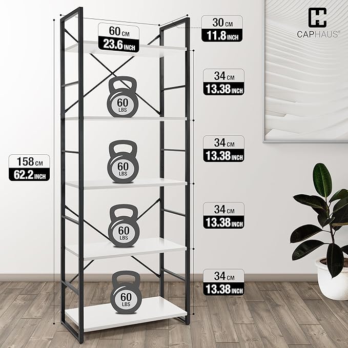 CAPHAUS 5 Tier Bookshelf, 24 Inch Width Free Standing Shelf, Bookcase Shelf Storage Organizer, Industrial Book Shelves for Home Office, Living Room, Kitchen, White Shelves & Metal Frame