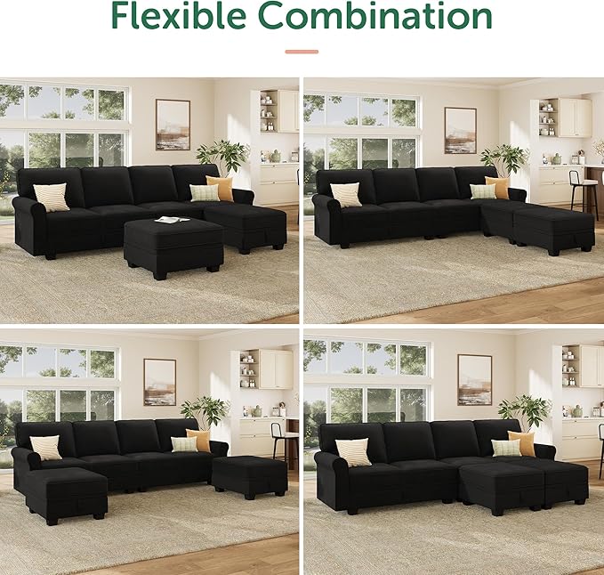HONBAY Convertible Sectional Sofa with Storage U Shaped Sectional Couch with Reversible Chaise Small Sectional Couches for Living Room,Mid Black