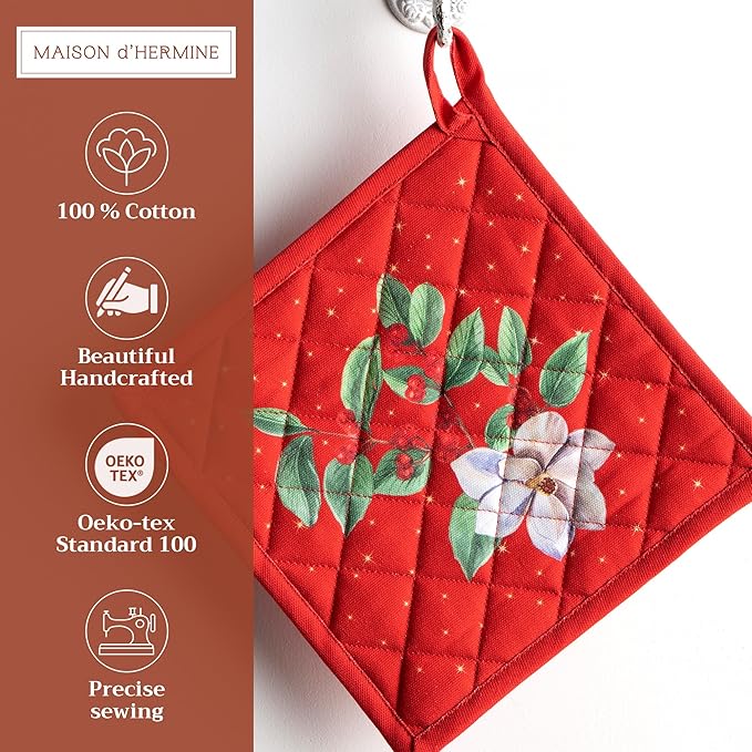 Maison d' Hermine Pot Holders 100% Cotton Heat Resistant Potholders 8" x 8" Hot Pads with Loop for Thanksgiving Christmas Decorations BBQ Cooking Baking Handling Hot Pans (Pack of 1, Noel)