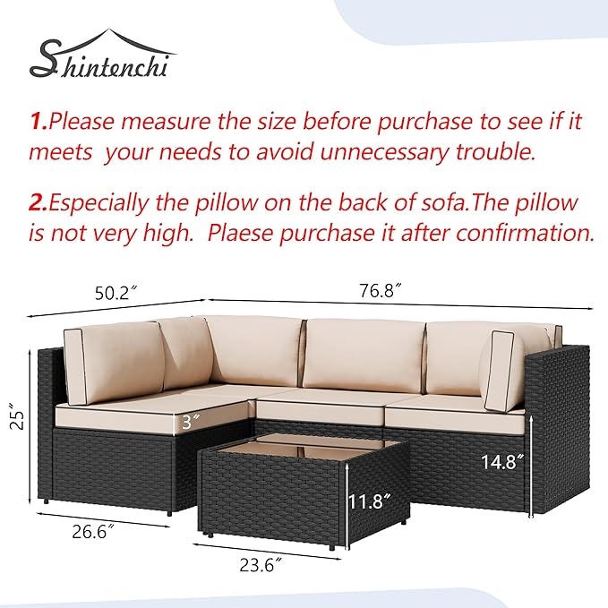 Shintenchi 5 Pieces Outdoor Patio Sectional Sofa Couch, Black PE Wicker Furniture Sets, Patio Conversation Sets with Washable Cushions Glass Coffee Table for Garden, Poolside, Backyard,(Khaki)