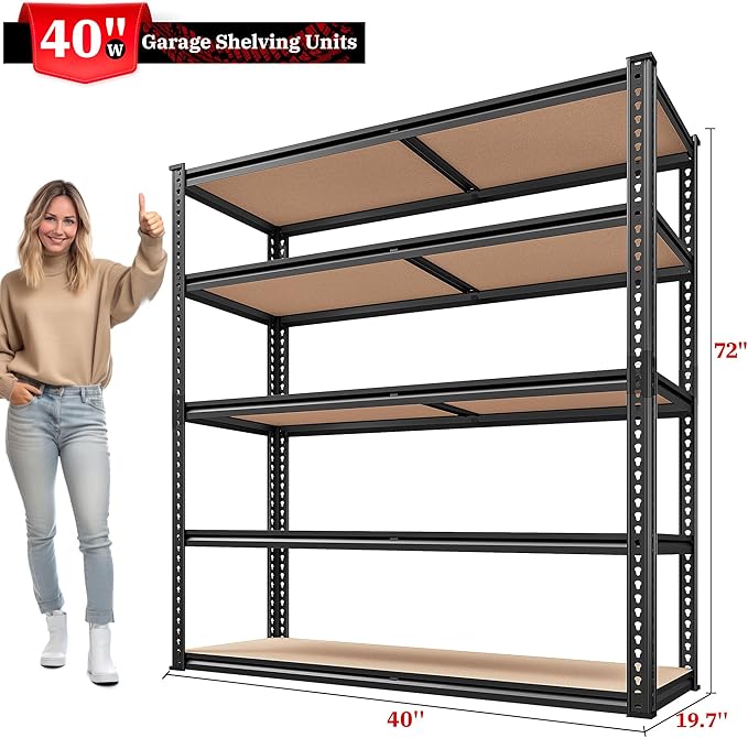 REIBII 40" W Garage Shelving 2500LBS Storage Shelves 72" H Metal Shelving 5 Tier Metal Shelves Adjustable Pantry Shelf for Closet Kitchen Warehouse 40" W x 19.7''D x 72''H