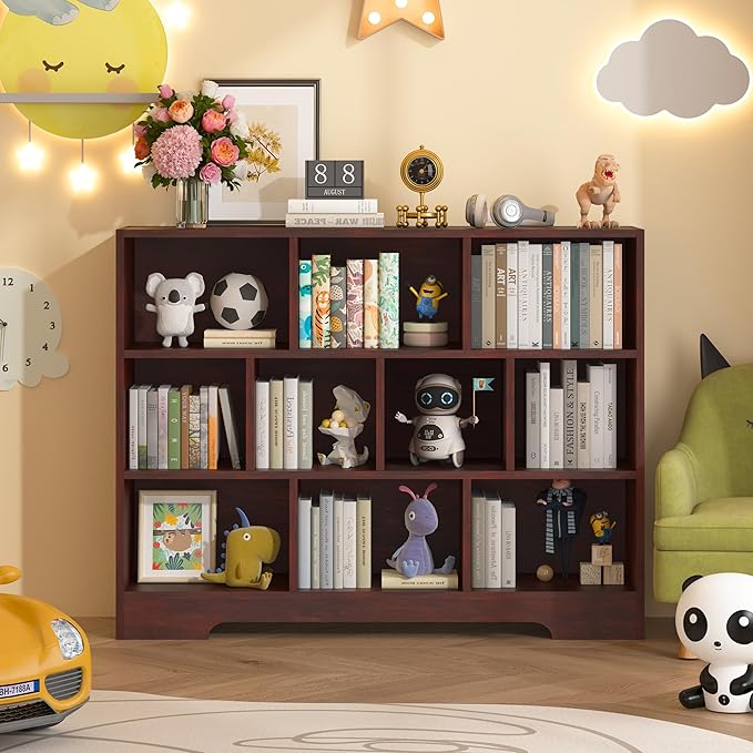 Kids Book Shelf Set of 2, 10 Cubes Storage Organizer Montessori Bookshelf, 3-Tier Wooden Kids Bookcase, Toy Storage Organizer for Children, Cherry Toddler Bookshelf Cube Shelf for Kid’s Room