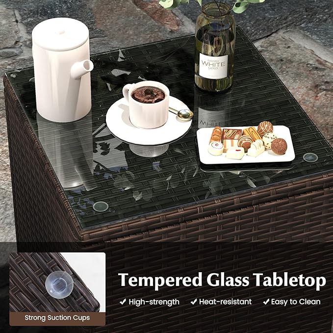 Tangkula 3 Pieces Patio Rattan Furniture Set, Outdoor Conversation Set with PE Wicker Armchairs, Tempered Glass Top Coffee Table, Soft Removable Cushions, for Porch Garden Yard Balcony (Beige)