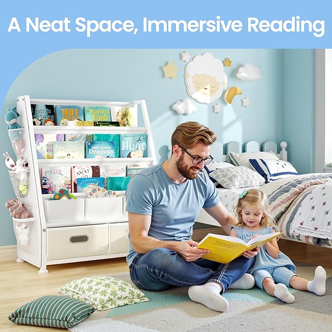 Kids Bookshelf and Toy Storage: Sling Book Shelf for Kids Room with 2 Storage Bins to Books and Toys Organizer, 3-Tier Toddler Bookshelf with 3 Side Pockets for Nursery, Bedroom, Playroom