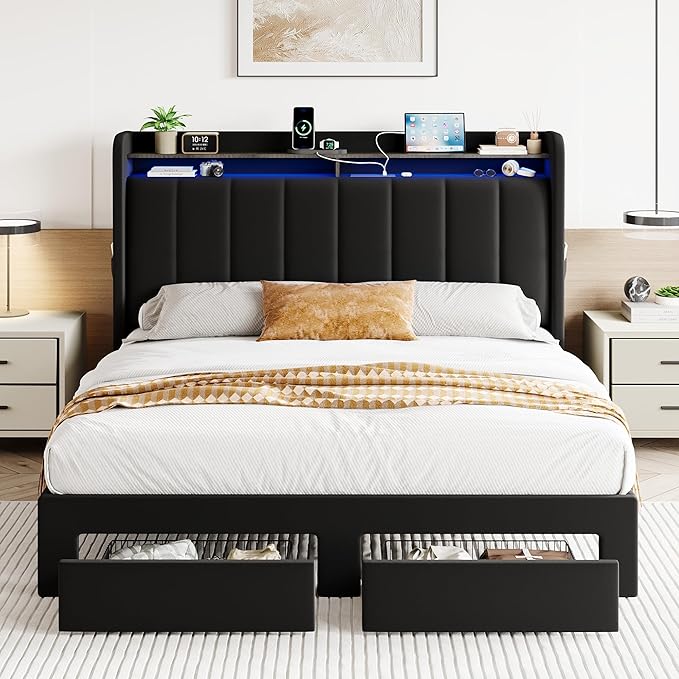SHA CERLIN Velvet Queen Bed Frame with Vertical Channel Tufted Wingback Headboard & 2 Storage Drawers/2-Tier Shelves with LED Lights & Charging Station/Noise-Free/No Box Spring Needed/Black