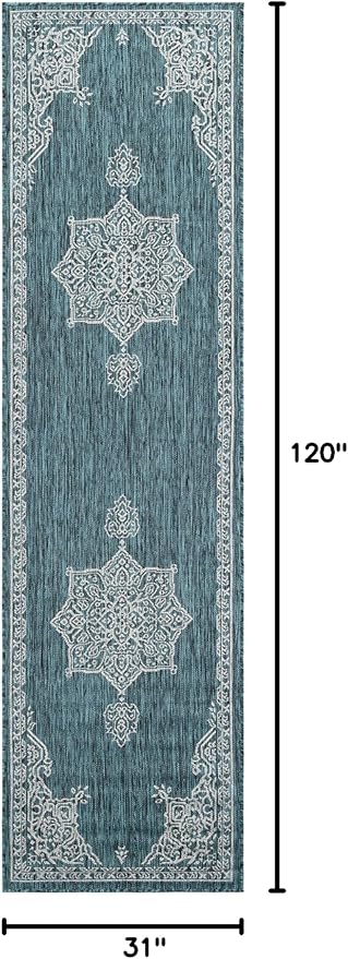 Unique Loom Outdoor Traditional Collection Area Rug - Antique (2' 7" x 10' Runner Teal/Ivory)