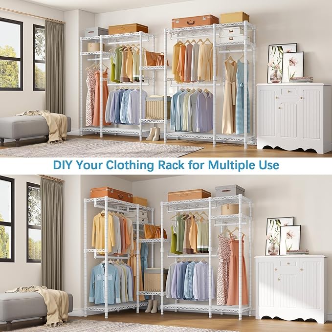 VIPEK V2 Garment Rack Metal Clothing Racks for Hanging Clothes with 4 Tiers Wire Shelving & 3 Hanging Rods, Free Standing Closet Wardrobe, 45" L x 16.5" W x 76.4" H, Max Load 700LBS, White