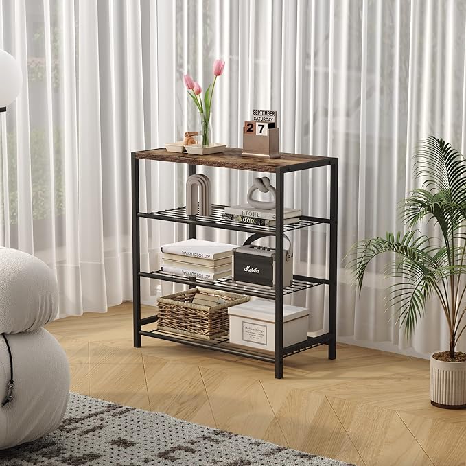 HOMEFORT 4-Tier Shoe Rack Organizer, Shoe Tower for Closet, Shoe Storage Shelf with MDF Top Board, Each Tier Fits 3 Pairs of Shoes, Entryway Shoes Organizer with Sturdy Metal Shelves, Rustic Brown