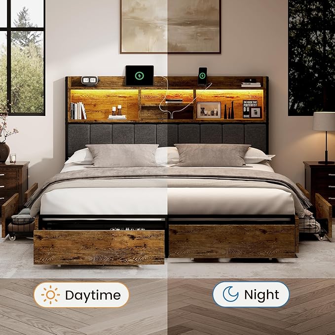 Queen Bed Frame with 6 Storage Drawers, Linen Upholstered Headboard, Built-in USB Charging Station & LED Lighting, Silent Metal Support, No Box Spring Needed, Vintage Brown