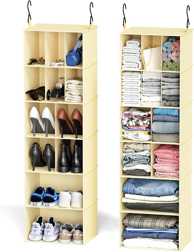 SpaceAid 2 Pack Hanging Closet Organizer and Storage with Dividers, 24 Compartments Hanging Shoe Shelves for Closet, Wardrobe, RV, Garment Rack - Beige