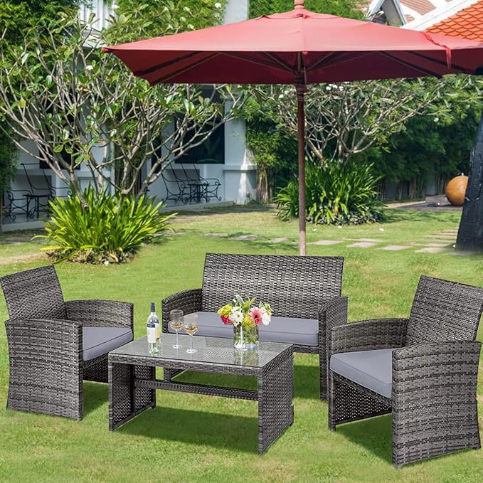 Tangkula 8 Pieces Patio Wicker Conversation Furniture Set, Patiojoy Sofa & Table Set w/4 Seats, Outdoor Rattan Sofa Set for Balcony Backyard, Wicker Chair Set with Tempered Glass Coffee Table