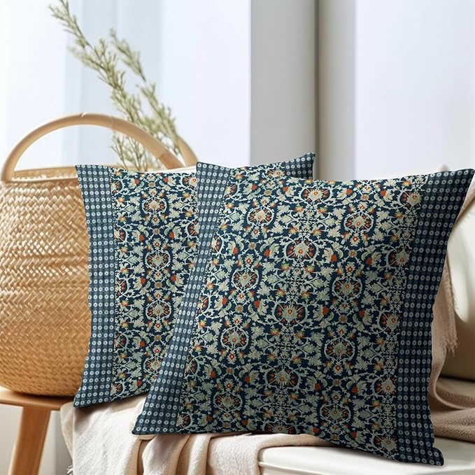 Kawani Antique Pillow Covers 18x18 Inch Vintage Floral Block Print Blue Red Decorative Throw Pillow Covers Set of 2 Retro Turkish Pillowcases for Couch Indoor Outdoor Home Decor