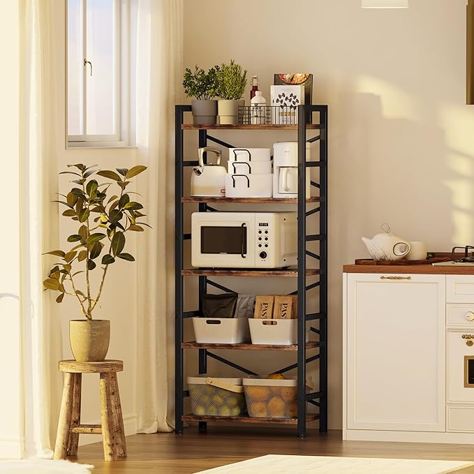 Organization and Storage, 5 Tier Bookshelf, Tall Bookcase with Shelves, Wood and Metal Book Shelf Storage Organizer, Industrial Display Standing Shelf Unit for Bedroom, Living Room, Rustic Brown