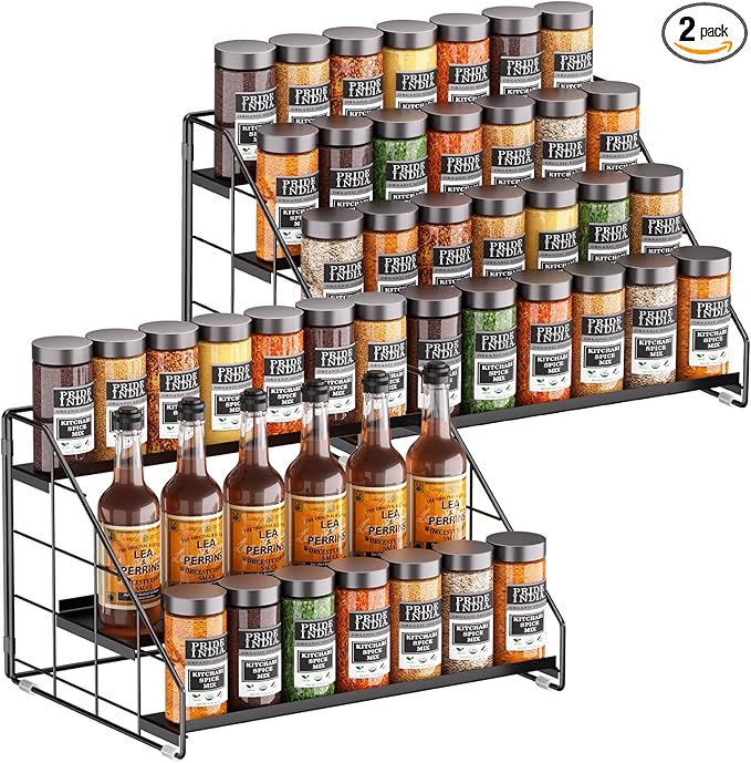 4 Tiered Spice Rack Organizer, 2 Pack Spice Rack Organizer for Cabinet, Tiered Adjustable Spice Shelf for Kitchen Countertop Pantry Organization (Carbon Black)