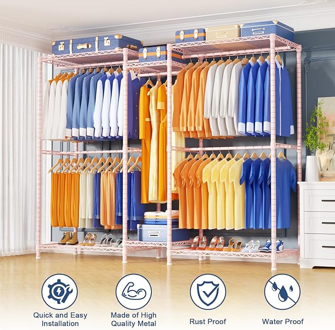 Ulif E12 Clothes Rack，Heavy Duty Freestanding Garment Rack with Shelves，Metal Clothing Closet Storage System for Hanging Clothes，71" W x 16" D x 76.5" H, Hold 960 lbs，Pink