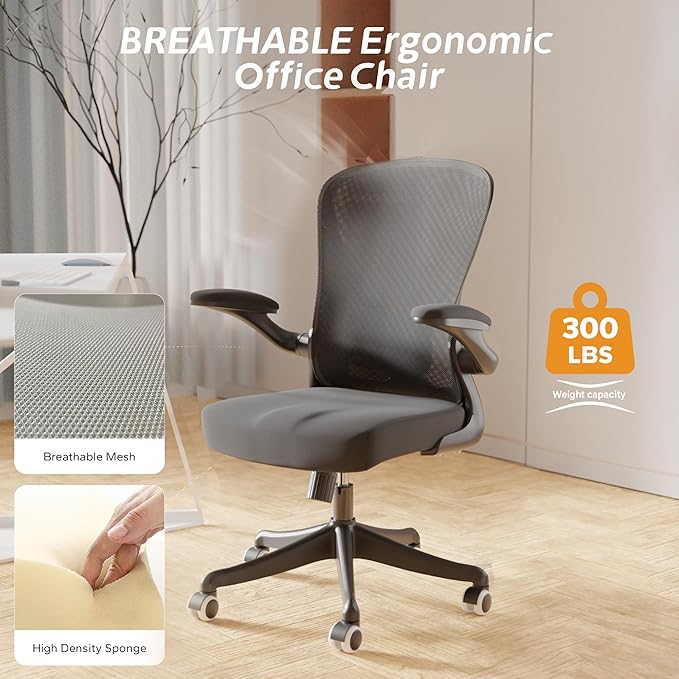 Ergonomic Office Chair with Adjustable Flip-Up Armrests & Lumbar Support - Thickened Cushion Desk Chair with Wheels, Home Office Computer Chair (Black)