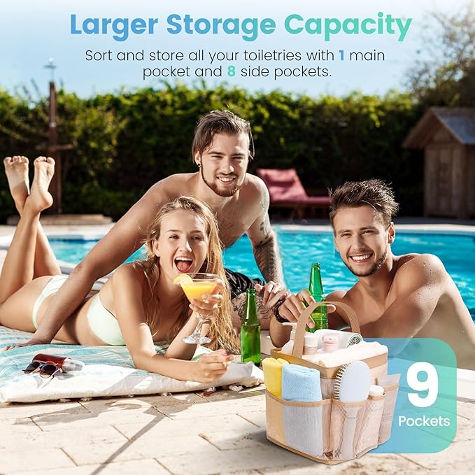 Shower Caddy for College Dorm Room Essentials for Girls with 9 Pockets,Large-Capacity Shower Basket,Quick Dry Toiletry Tote Bag for Women,Outdoor Gym,Travel,Swim,Beach Camping Essentials-Brown