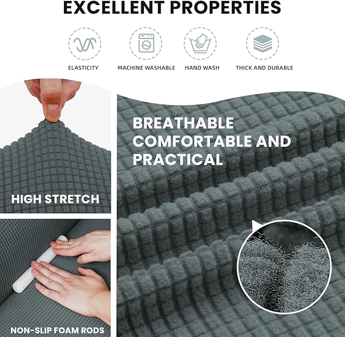 LURKA Stretch Sofa Slipcovers 1 Piece Couch Covers for 3 Cushion Couch Sofa Furniture Protector Full Sofa Covers with Elastic Bottom for Kids and Dog (Large, Grey)