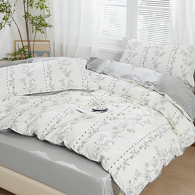 SAPHREAS Grey Floral Pattern Duvet Cover Set Twin Size 2pcs Bedding Comforter Cover Set 100% Cotton 1 Duvet Cover 68"x90" 1 Pillow Sham, Comforter Not Included