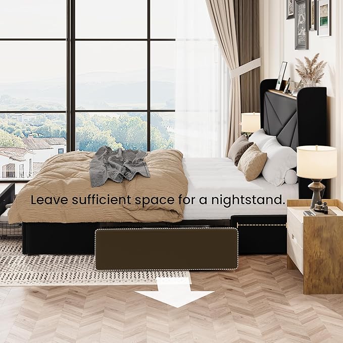 SHA CERLIN Full Size Bed Frame with 3 Drawers, USB & Type-C Charging Ports, Velvet Upholstered Platform Bed with Modern Geometric Wingback Storage Headboard, No Box Spring Needed, Easy Assembly, Black