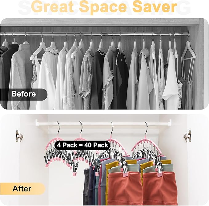 Legging Organizer for Closet, Metal Yoga Pants Hangers 4 Pack w/10 Clips Holds 40 Leggings, Space Saving Hanging Closet Organizer w/Rubber Coated Closet Organizers and Storage, Pink