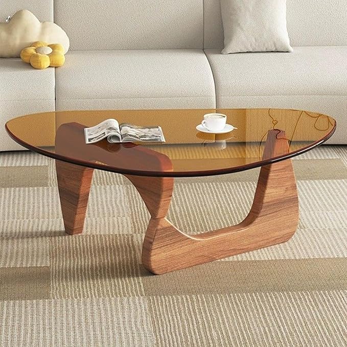 EASYSOUL Modern Glass Coffee Table, 44.88" D x 32.28" W x 15.75" H, Abstract Round Tea Tables for Living Room Home Office Industrial Cocktail Tables (Walnut-Brown Glass, 44.88")