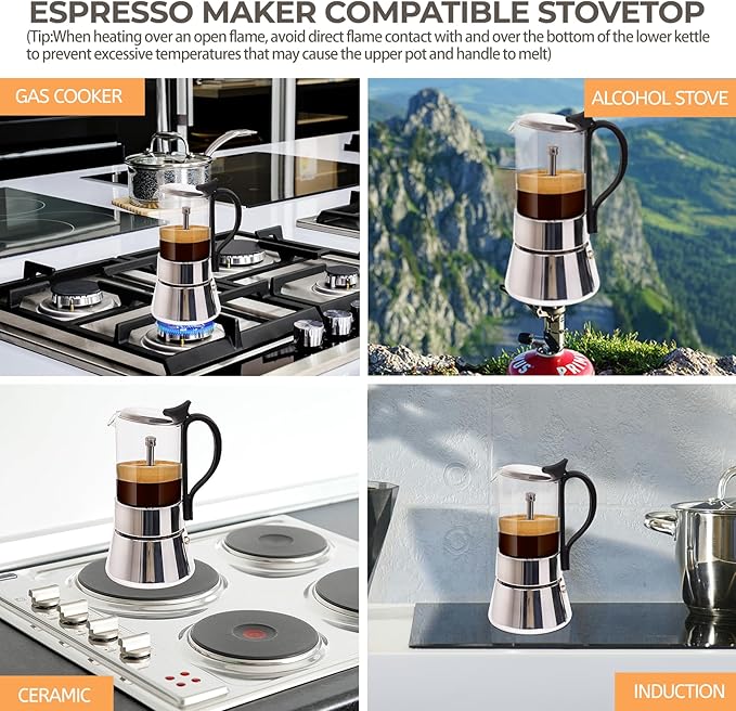 Clear Glass Moka Pot 4 Cup 220ml Stainless Steel Coffee Maker Uncoated Stovetop Espresso Percolator Coffeemaker Italian Classic Style Brewing Greca Cafe Mocha Machine for Cafeteras Camping Travel Home