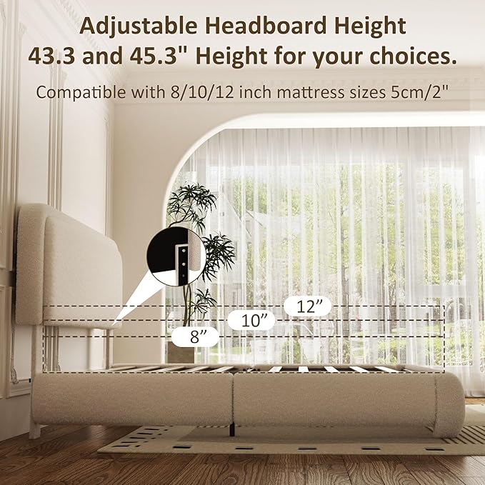 Full Bed Frame, Teddy Velvet Boucle Bed Frame with 43.3"/45.3" Adjustable Upholstered Headboard, Rounded Corners, Mattress Foundation, No Box Spring Required, Beige
