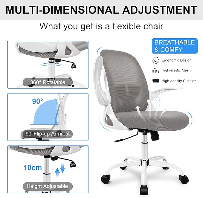 Primy Office Chair Ergonomic Desk Chair with Adjustable Lumbar Support and Height, Swivel Breathable Desk Mesh Computer Chair with Flip up Armrests for Conference Room（Gray）