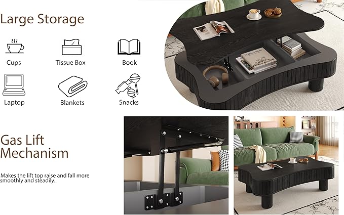 42.5'' Modern Lift Top Coffee Table for Living Room, Solid Wood Center Table, Fluted Panel Design, Storage Compartments, 42.5x27.2 Inch Surface, Hydraulic Lift Mechanism, Easy Assembly (Black)