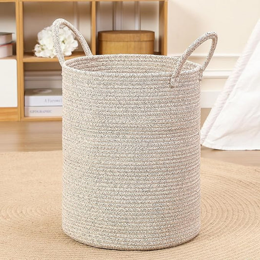 40L Woven Laundry Basket Hamper, 100% Natural Cotton Rope, Handwoven & Durable, Storage for Blankets, Toys, Clothes, Decorative Nursery Hamper for Living Room, Baby Room, Bedroom (Brown and White)