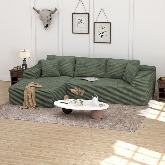 OC Orange-Casual 106.3" Cloud Sectional Couch with L-Shape Chaise,No Assembly Required Modular Sofa,Upholstered Boneless Couches for Living Room, Plush Corduroy Fabric (Green, Left Facing Chaise)