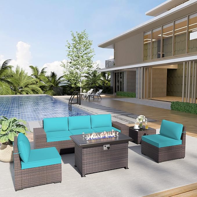 Kurapika 7 Pieces Patio Furniture Set, Rattan Wicker Outdoor Conversation Sets w/43in Propane Fire Pit Table and 4 Inch Cushion(Blue)