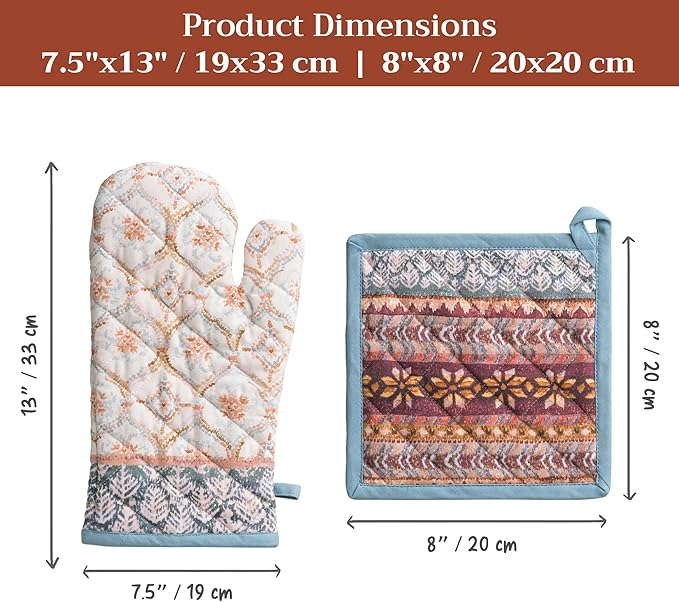 Maison d' Hermine 100% Cotton Oven Mitt & Pot Holder Set (7.5"x13" & 8"x8") Heat Resistant BBQ Cooking Gloves with Loop for Thanksgiving Christmas Decorations Handling Hot Pans (Fair Isle)