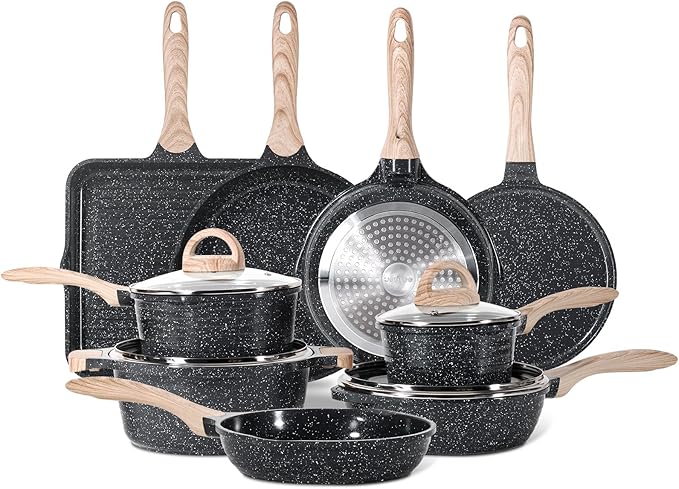 JEETEE 24Pcs Ceramic Cookware Set, Gray Pots and Pans Set Non Stick, Kitchen Healthy Non Toxic Induction Cookware Sets W/Saucepans, Sauté Pan, Griddle, Crepe Pan & Pancake Rake (PFOA, PFAS, PFOS Free)