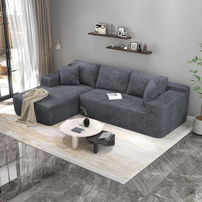 OC Orange-Casual 106.3" Cloud Sectional Couch with L-Shape Chaise,No Assembly Required Modular Sofa,Upholstered Boneless Couches for Living Room, Plush Corduroy Fabric (Grey, Left Facing Chaise)