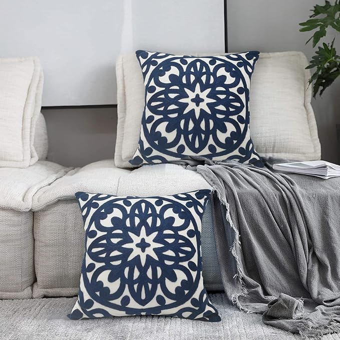 Alysheer Embroidered Decorative Throw Pillow Covers 18"x18" Set of 2 Pieces, Classic Boho Mandala Knit Pattern, Durable 100% Cotton Canvas Cozy Cushion Cases for Sofa Couch Living Room (Navy Blue)