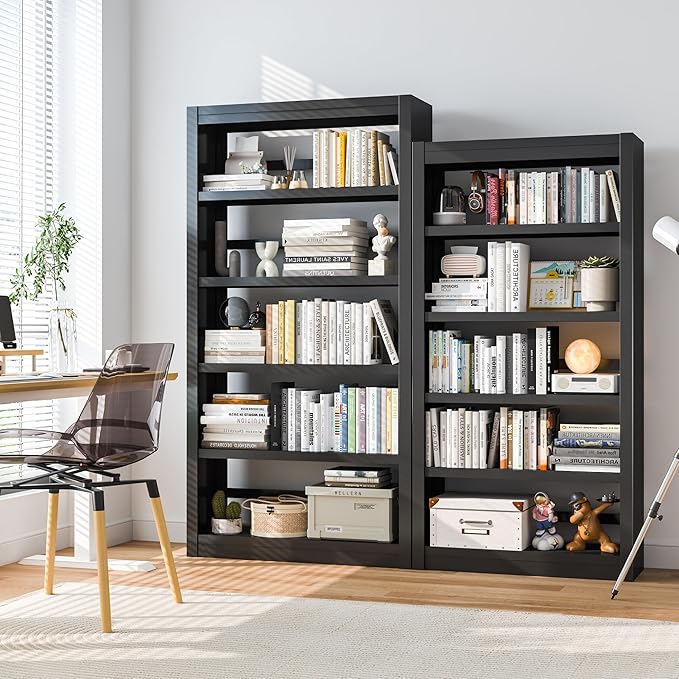 5 Tier Metal Bookshelf, 61" Tall Black Bookcase with Bookends, Adjustable Storage Shelves, Modern Book Case for Small Spaces, Living Room, Office, Bedroom, Kitchen, Bathroom