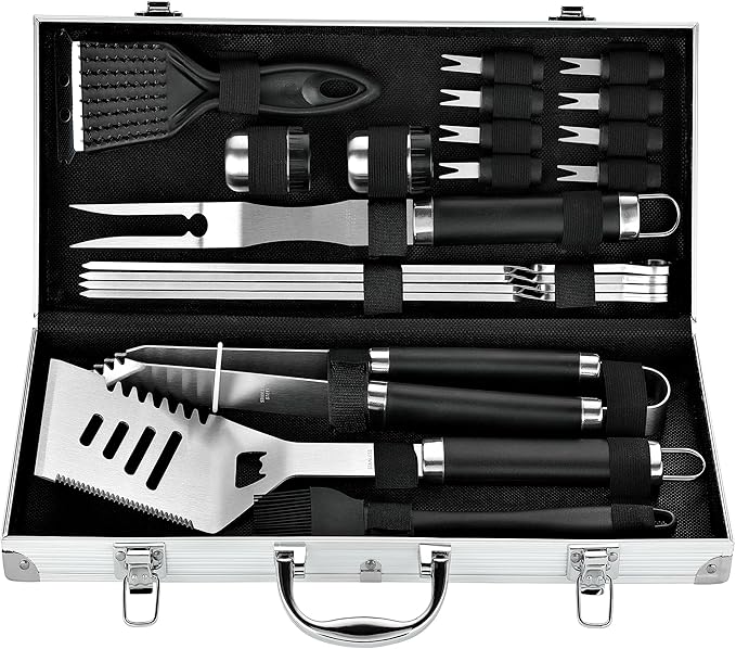 ROMANTICIST 20pcs Heavy Duty BBQ Grill Tool Set in Case - The Very Best Grill Gift for Father's Day and Christmas - Professional BBQ Accessories Set for Outdoor Cooking Camping Grilling Smoking, Black