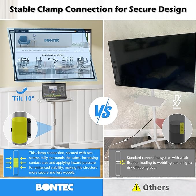 BONTEC Mobile TV Stand with Tilt Function, Rolling TV Stand for 23-60" LED, LCD, OLED TVs, Holds up to 88lbs, Max VESA 400x400mm, Adjustable Media Shelf, TV Cart for Living Room, Bedroom, Office